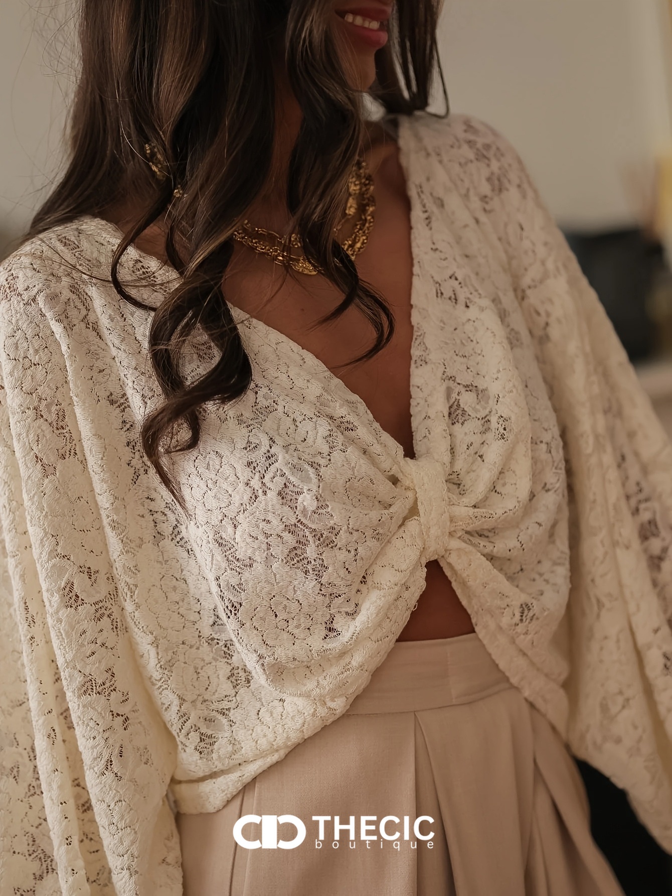 Lace Balloon Sleeve Bow Back Blouse
