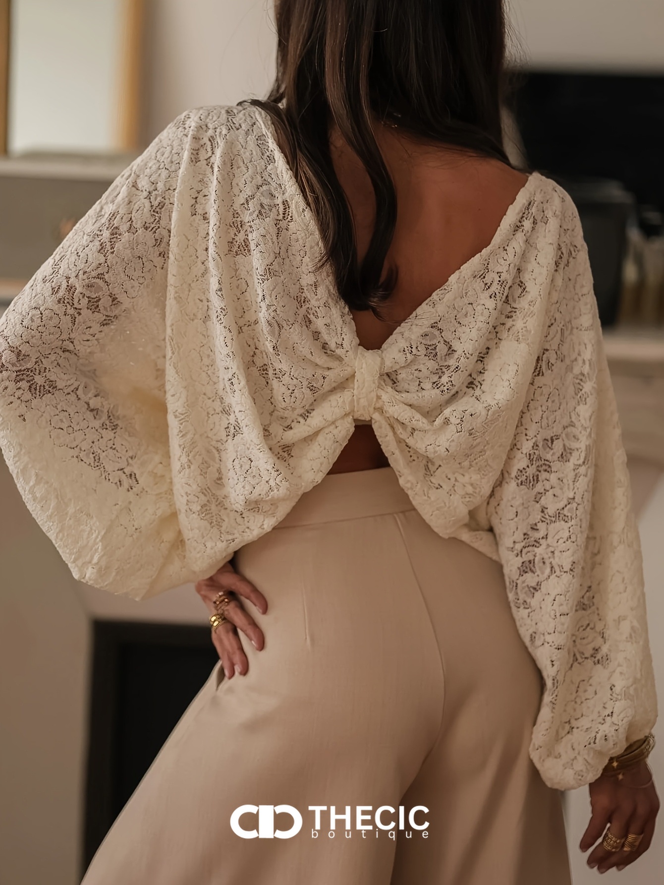 Lace Balloon Sleeve Bow Back Blouse