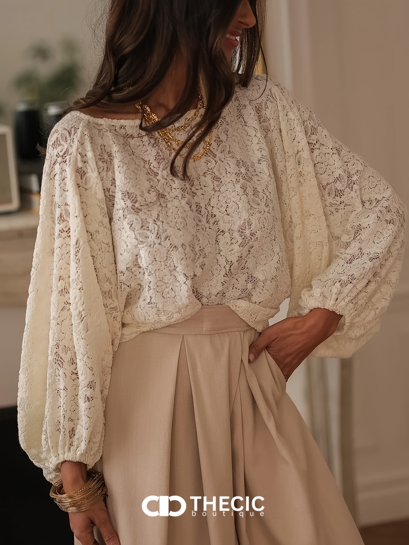 Lace Balloon Sleeve Bow Back Blouse