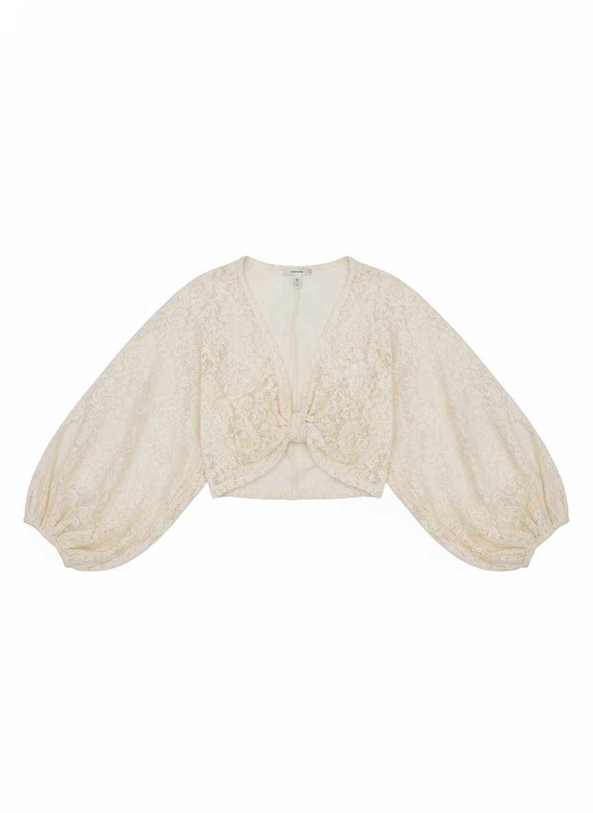 Lace Balloon Sleeve Bow Back Blouse