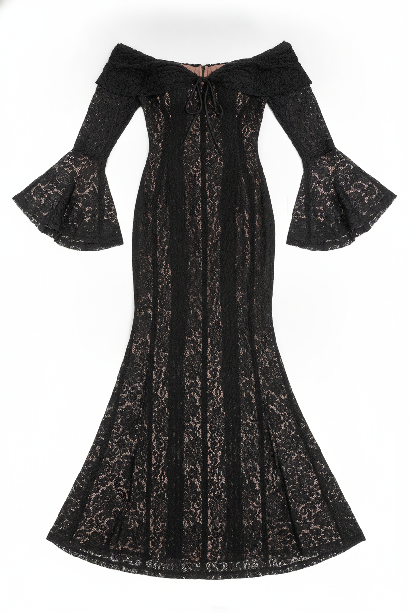Lace Off-Shoulder Bell Sleeve Mermaid Gown