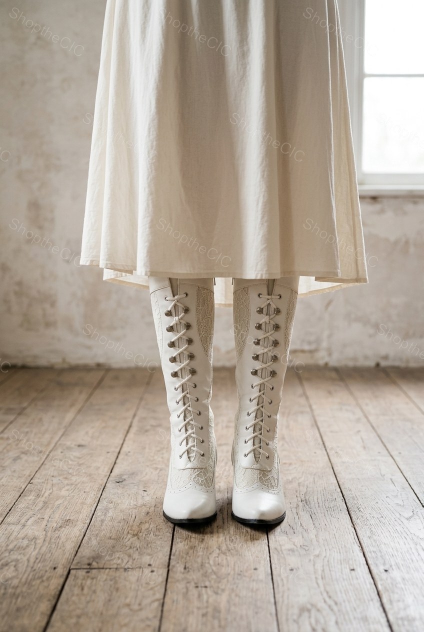 Lace Overlay Pointed-Toe Lace-Up Victorian Mid-Calf Boots