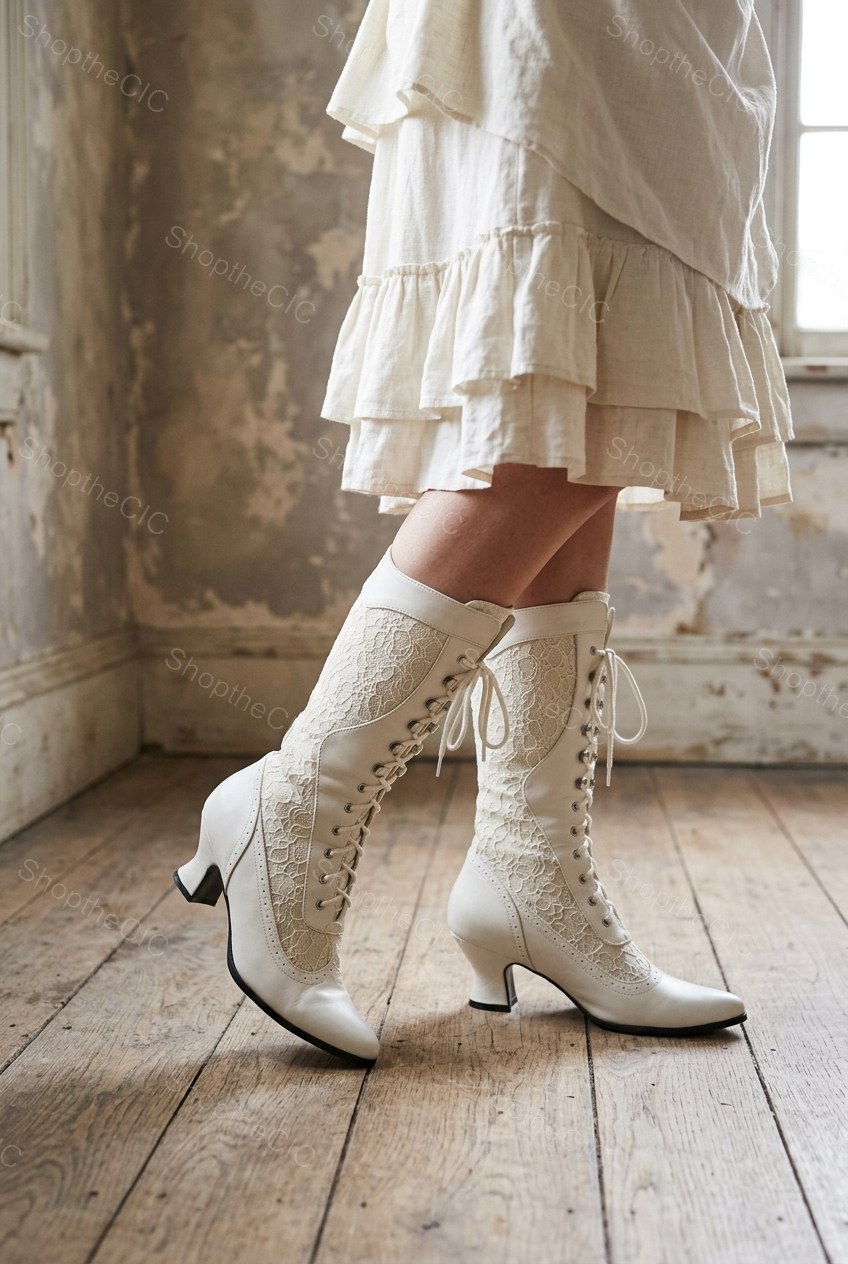Lace Overlay Pointed-Toe Lace-Up Victorian Mid-Calf Boots