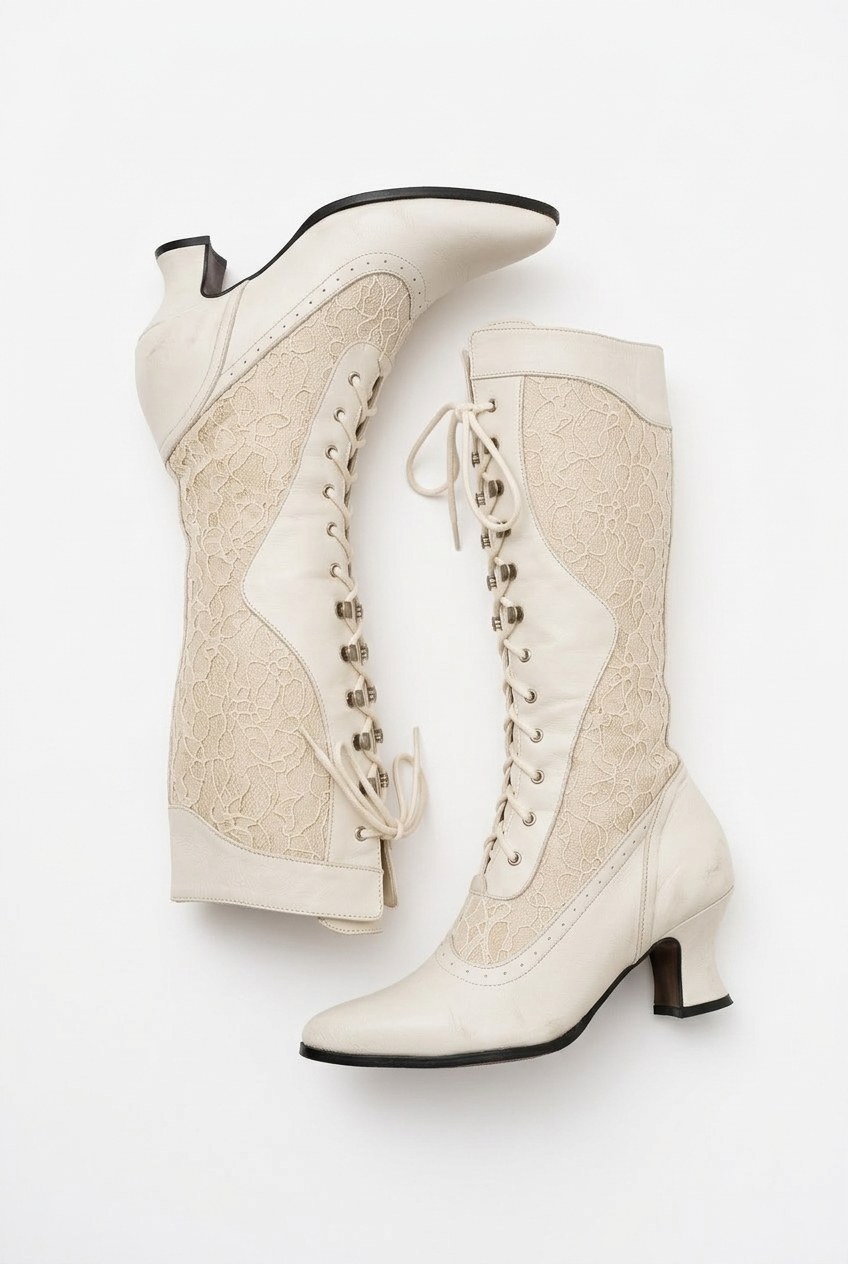 Lace Overlay Pointed-Toe Lace-Up Victorian Mid-Calf Boots