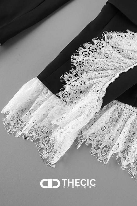 Lace Trim Curved Hem Single-Breasted Blazer