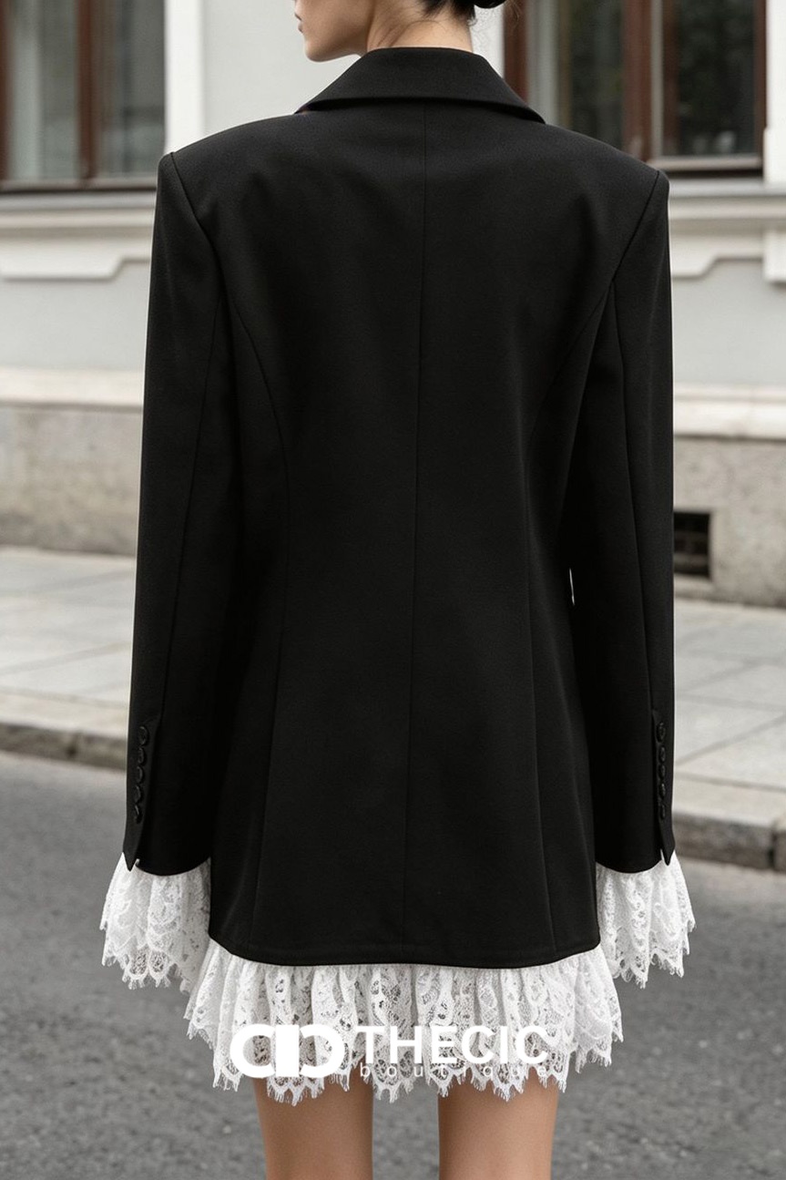 Lace Trim Curved Hem Single-Breasted Blazer