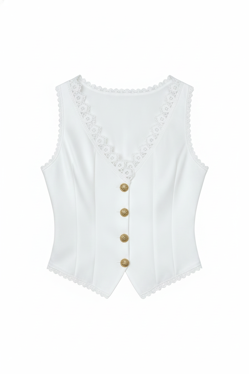 Lace Trim Gold Button V-Neck Vest