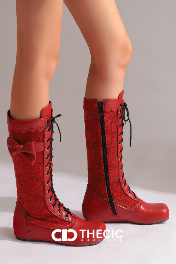 Lace-Up Bow Detail Knee-High Boots