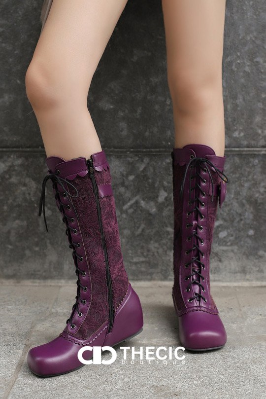 Lace-Up Bow Detail Knee-High Boots