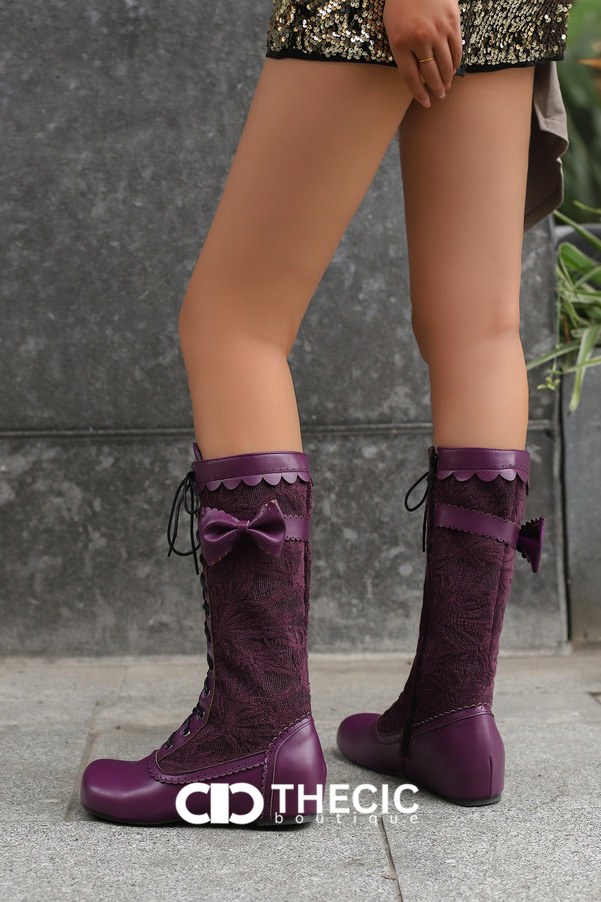 Lace-Up Bow Detail Knee-High Boots