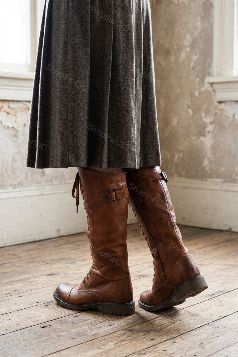Lace-Up Buckle Low Heel Knee-High Boots