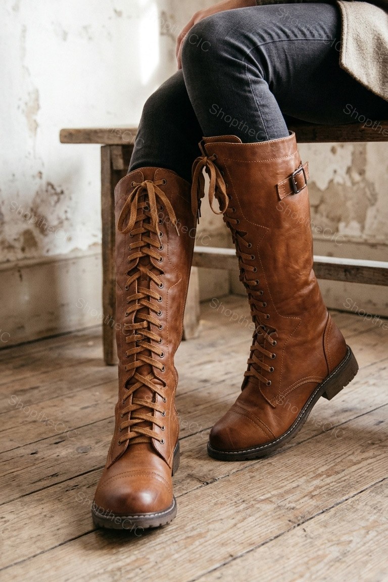 Lace-Up Buckle Low Heel Knee-High Boots