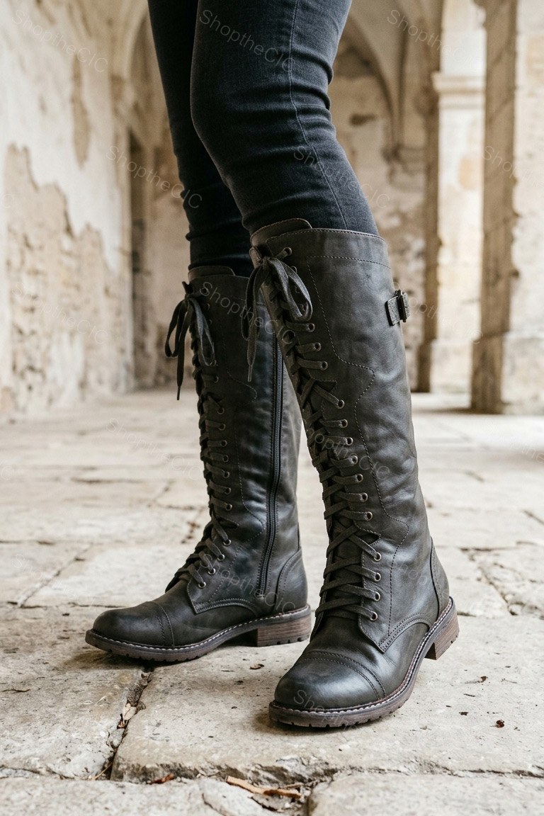 Lace-Up Buckle Low Heel Knee-High Boots