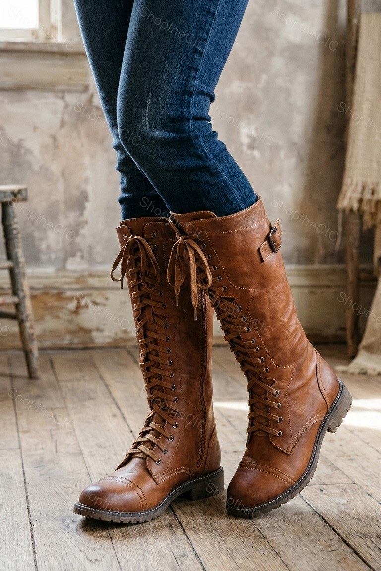 Lace-Up Buckle Low Heel Knee-High Boots