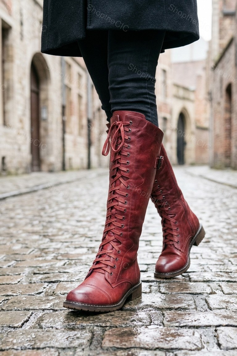 Lace-Up Buckle Low Heel Knee-High Boots