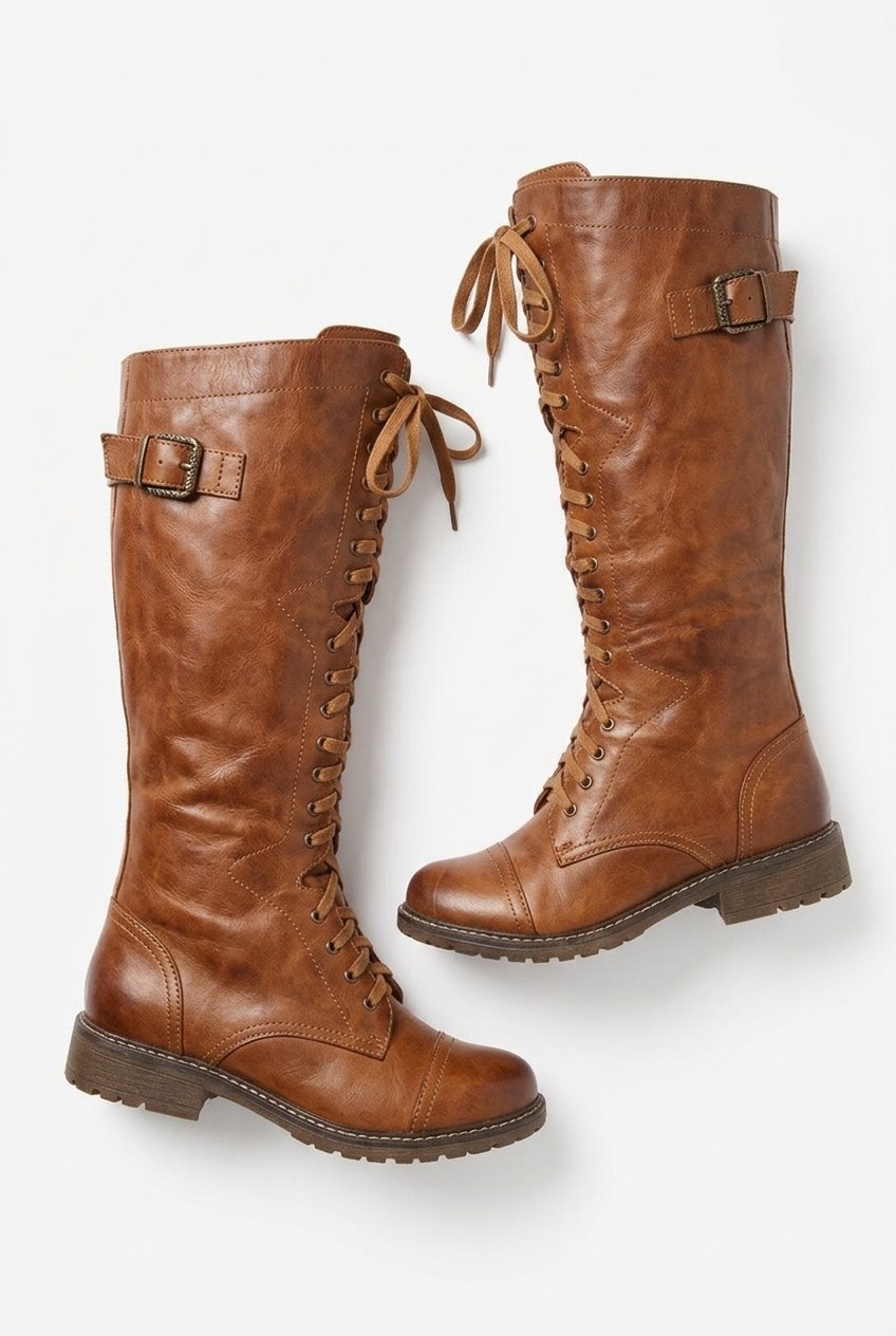 Lace-Up Buckle Low Heel Knee-High Boots