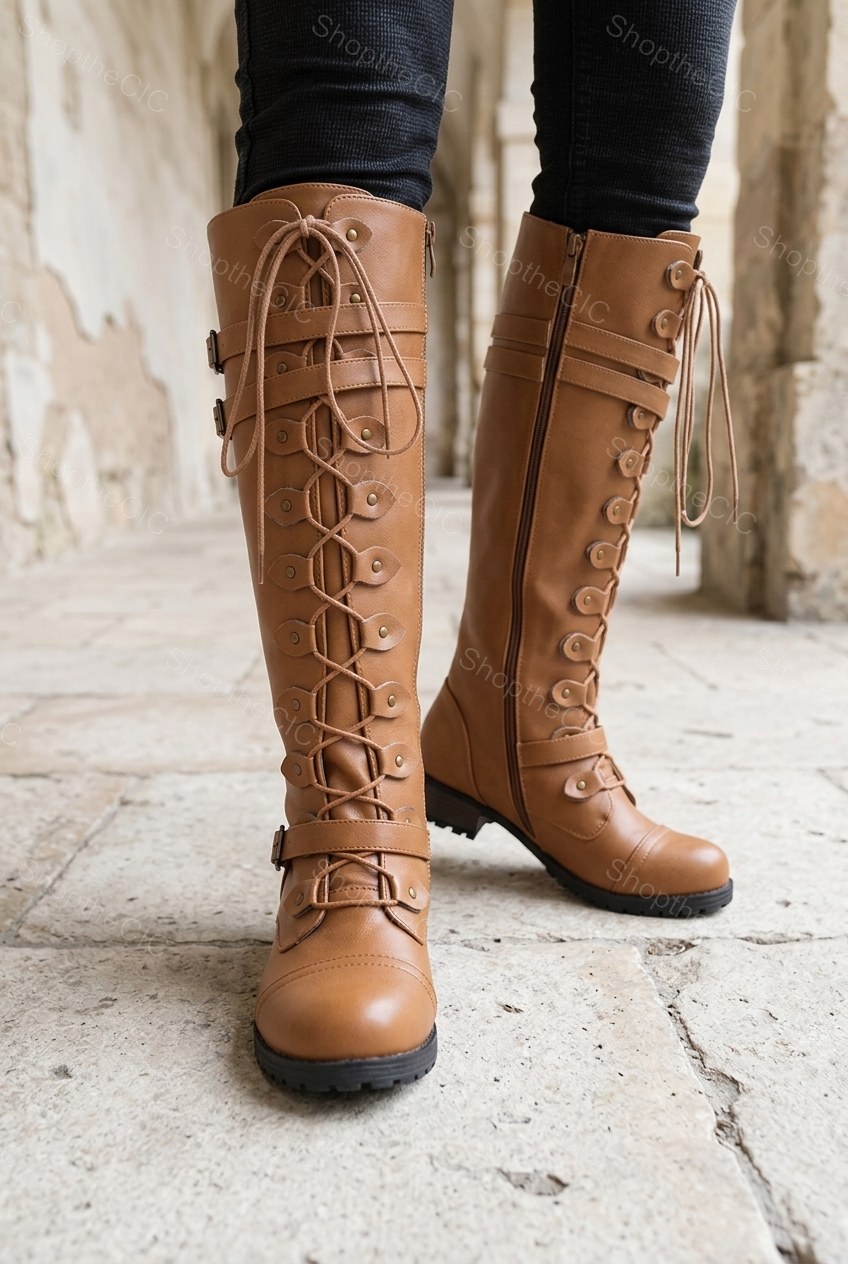 Lace-Up Buckle Strap Cap-Toe Knee-High Boots