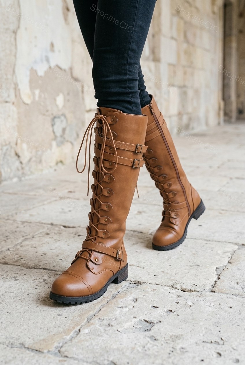 Lace-Up Buckle Strap Cap-Toe Knee-High Boots