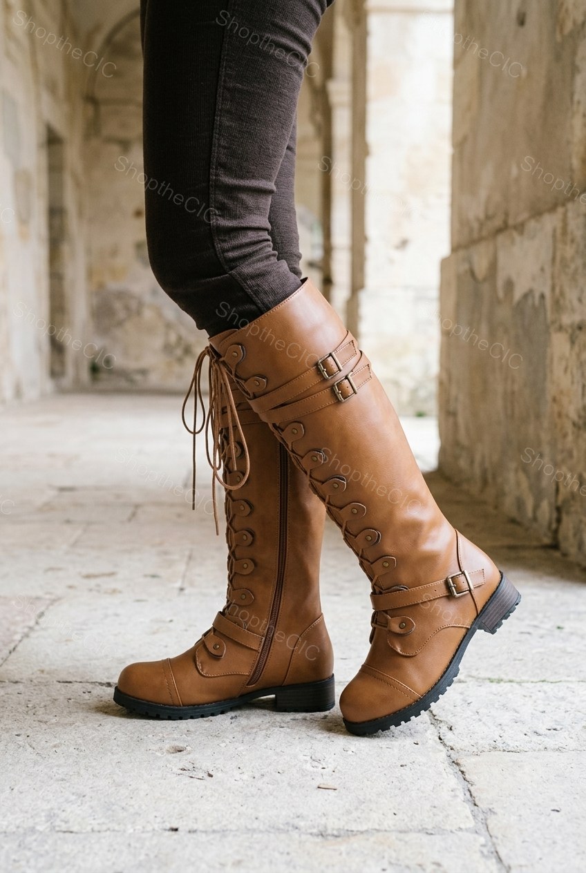 Lace-Up Buckle Strap Cap-Toe Knee-High Boots