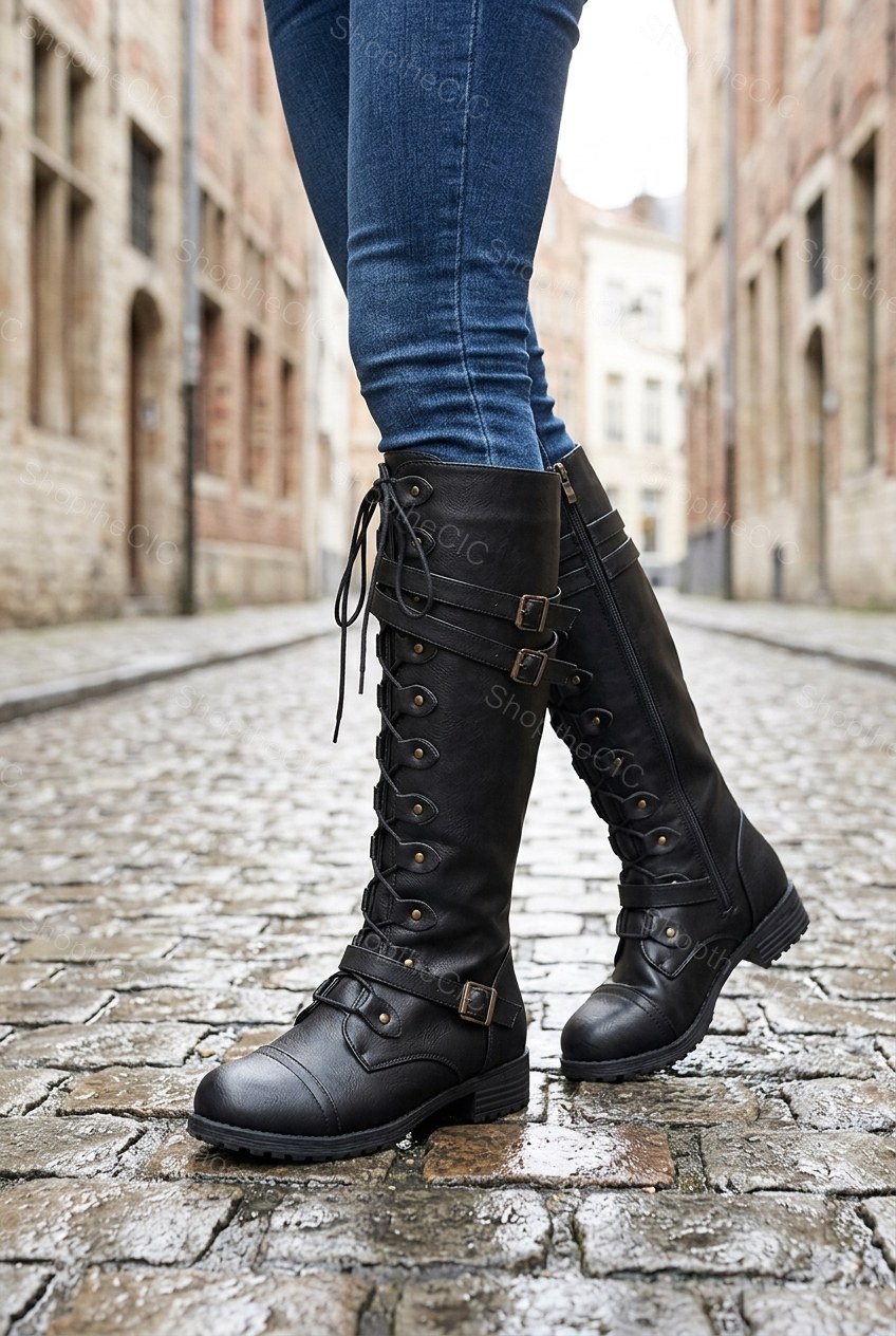 Lace-Up Buckle Strap Cap-Toe Knee-High Boots