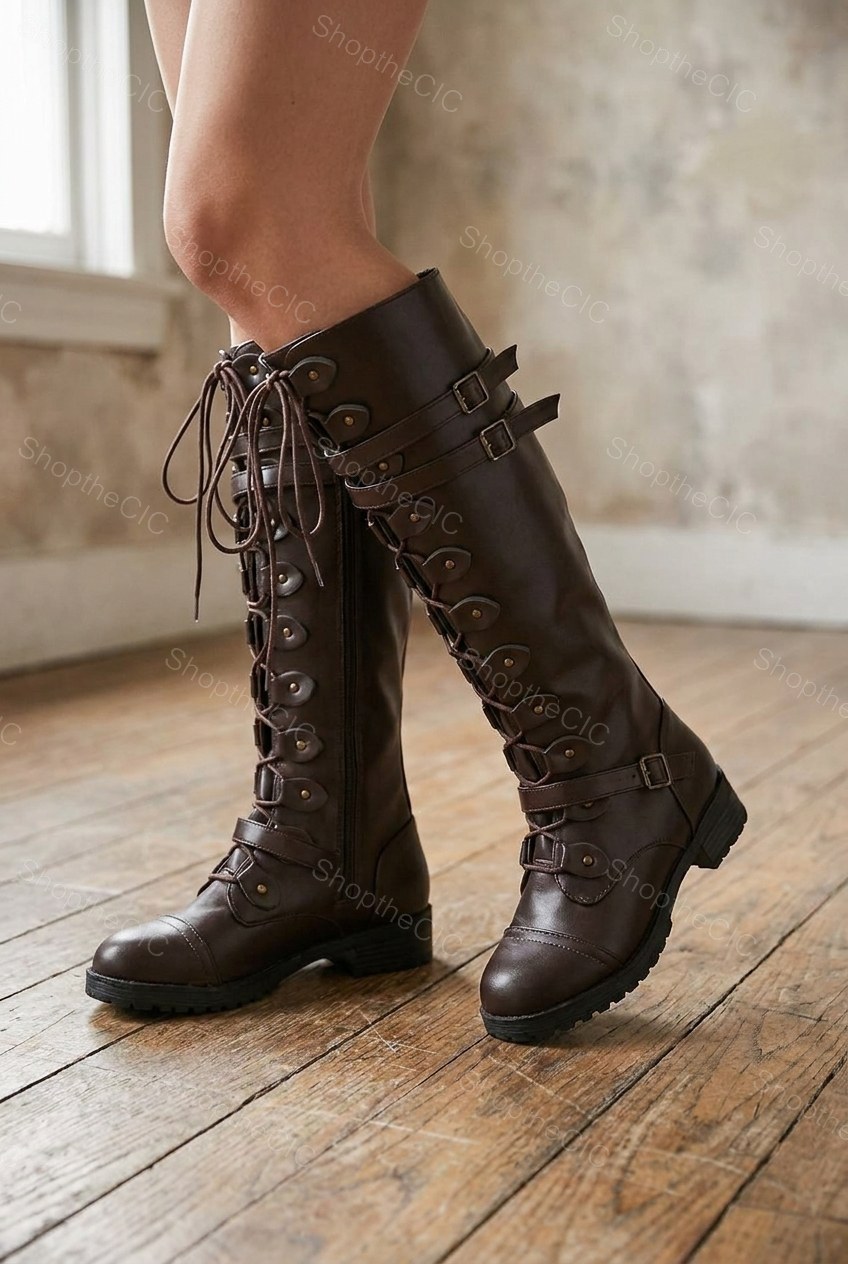 Lace-Up Buckle Strap Cap-Toe Knee-High Boots
