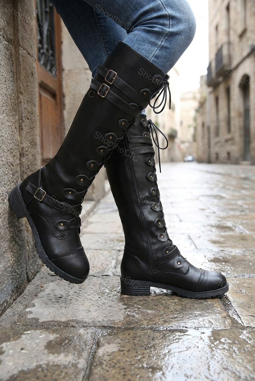 Lace-Up Buckle Strap Cap-Toe Knee-High Boots