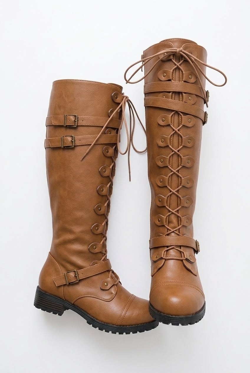 Lace-Up Buckle Strap Cap-Toe Knee-High Boots