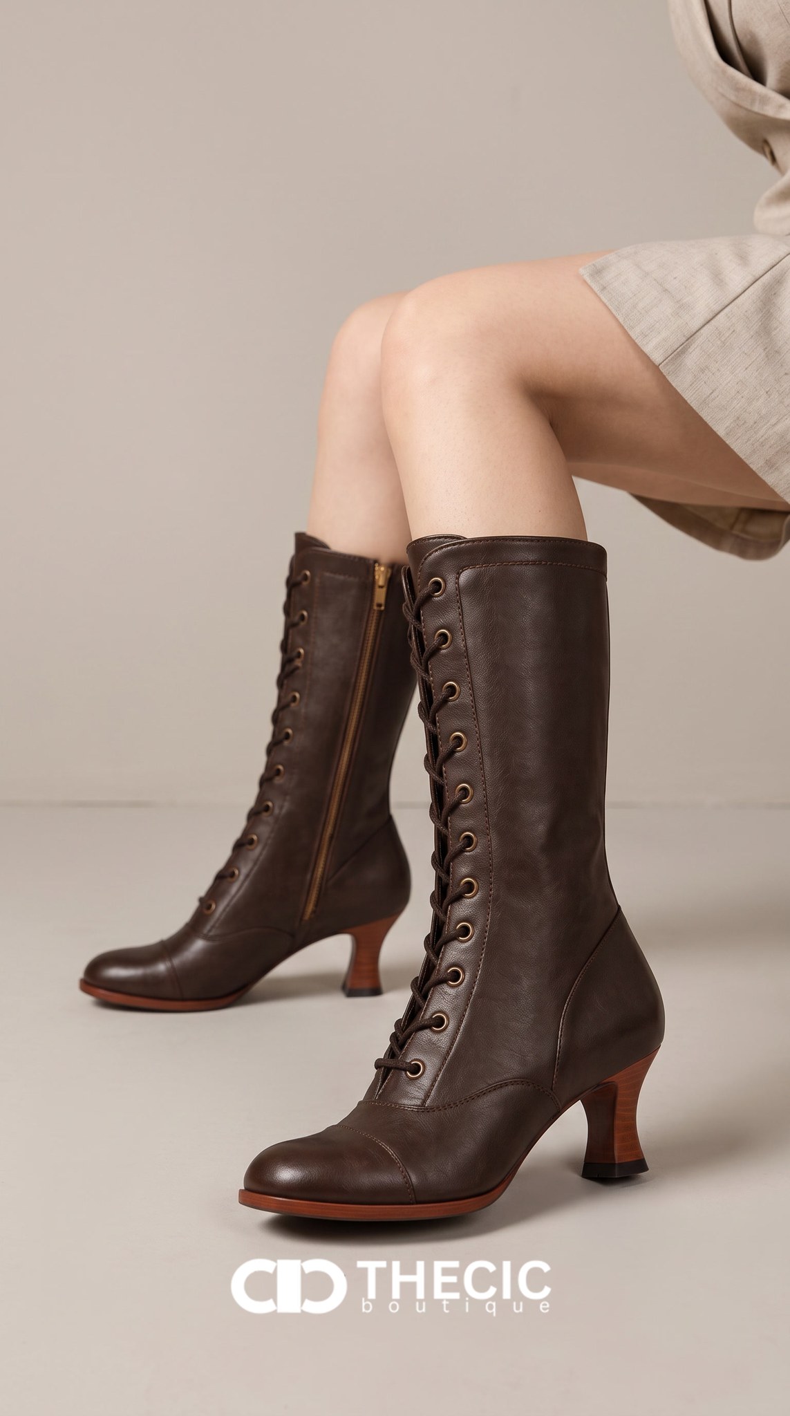 Lace-Up Cap-Toe Mid-Calf Block Heel Boots