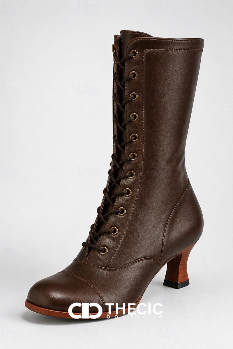 Lace-Up Cap-Toe Mid-Calf Block Heel Boots