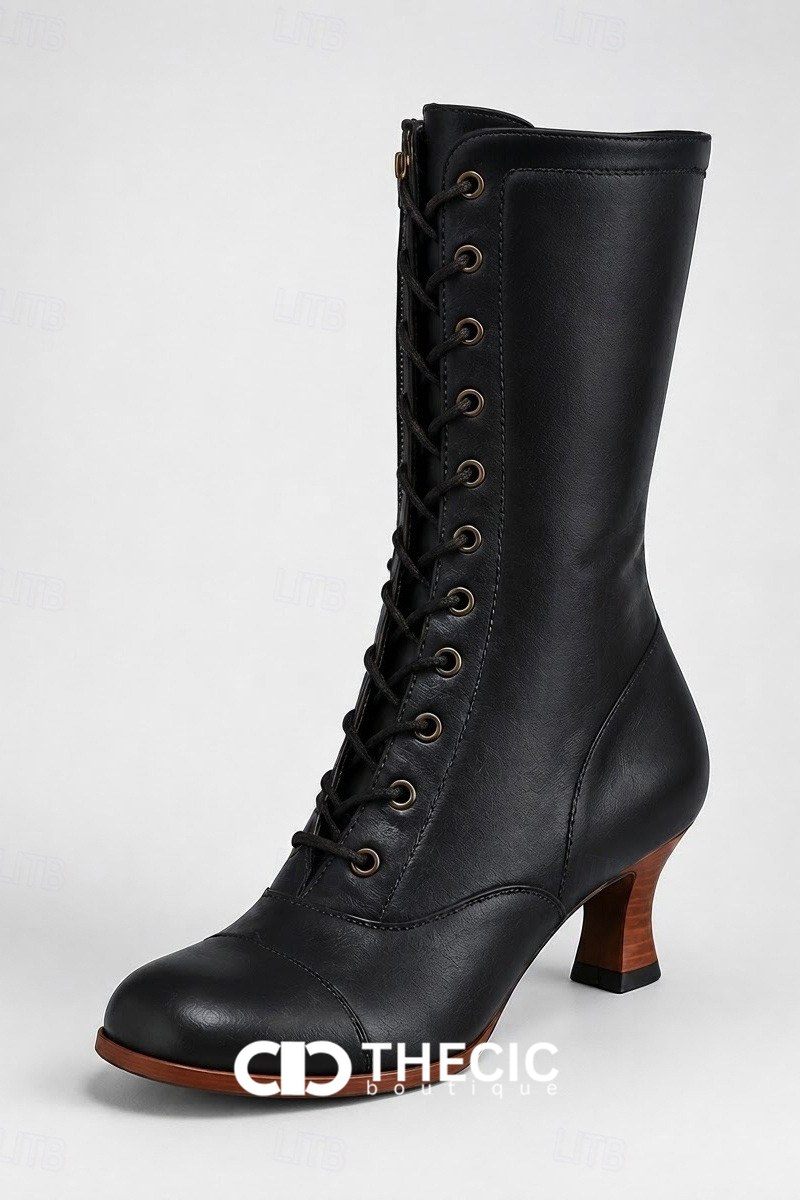 Lace-Up Cap-Toe Mid-Calf Block Heel Boots