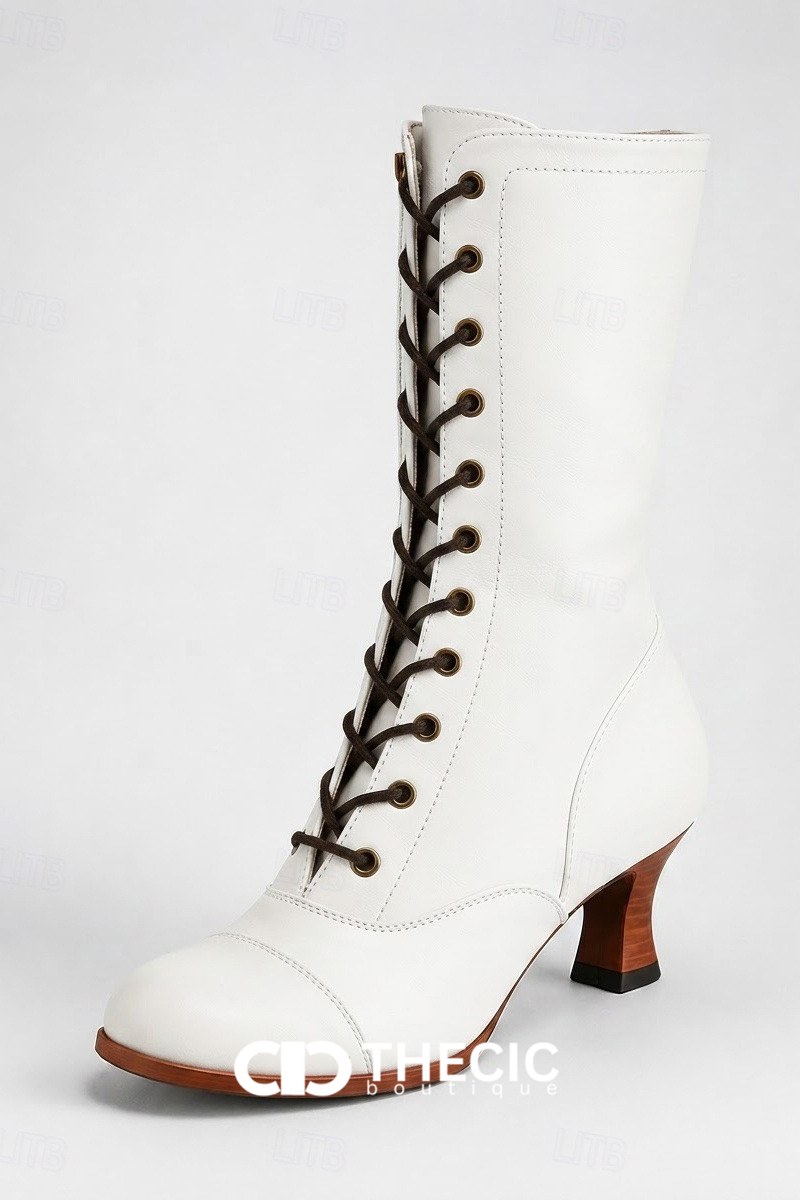 Lace-Up Cap-Toe Mid-Calf Block Heel Boots