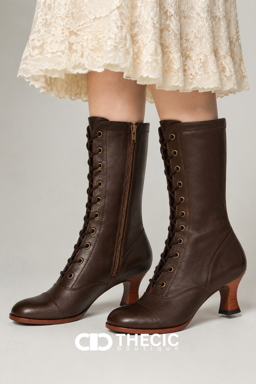 Lace-Up Cap-Toe Mid-Calf Block Heel Boots