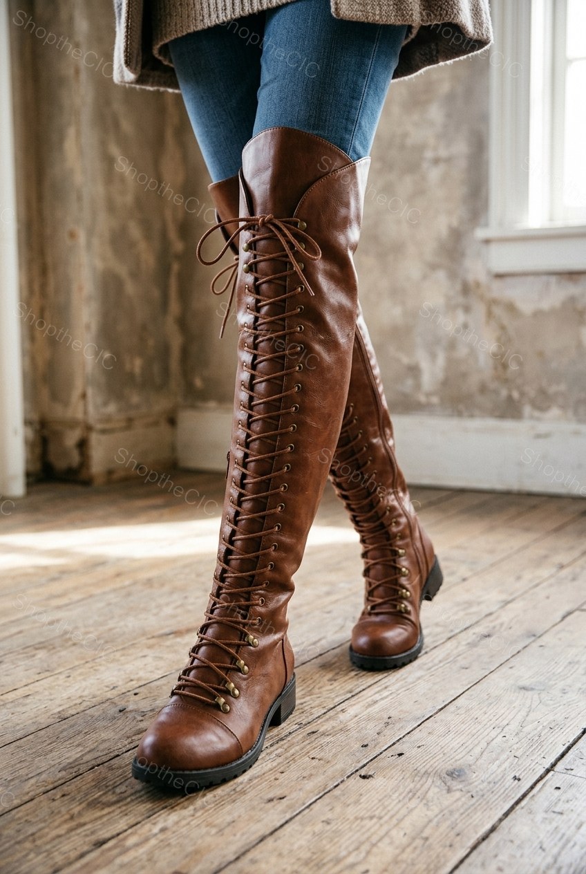 Lace-Up Low Heel Over-the-Knee Boots