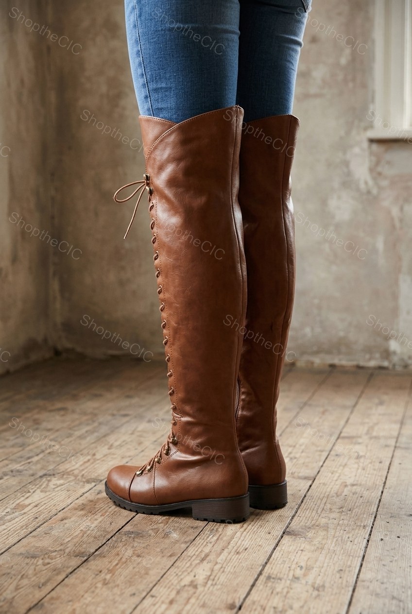 Lace-Up Low Heel Over-the-Knee Boots