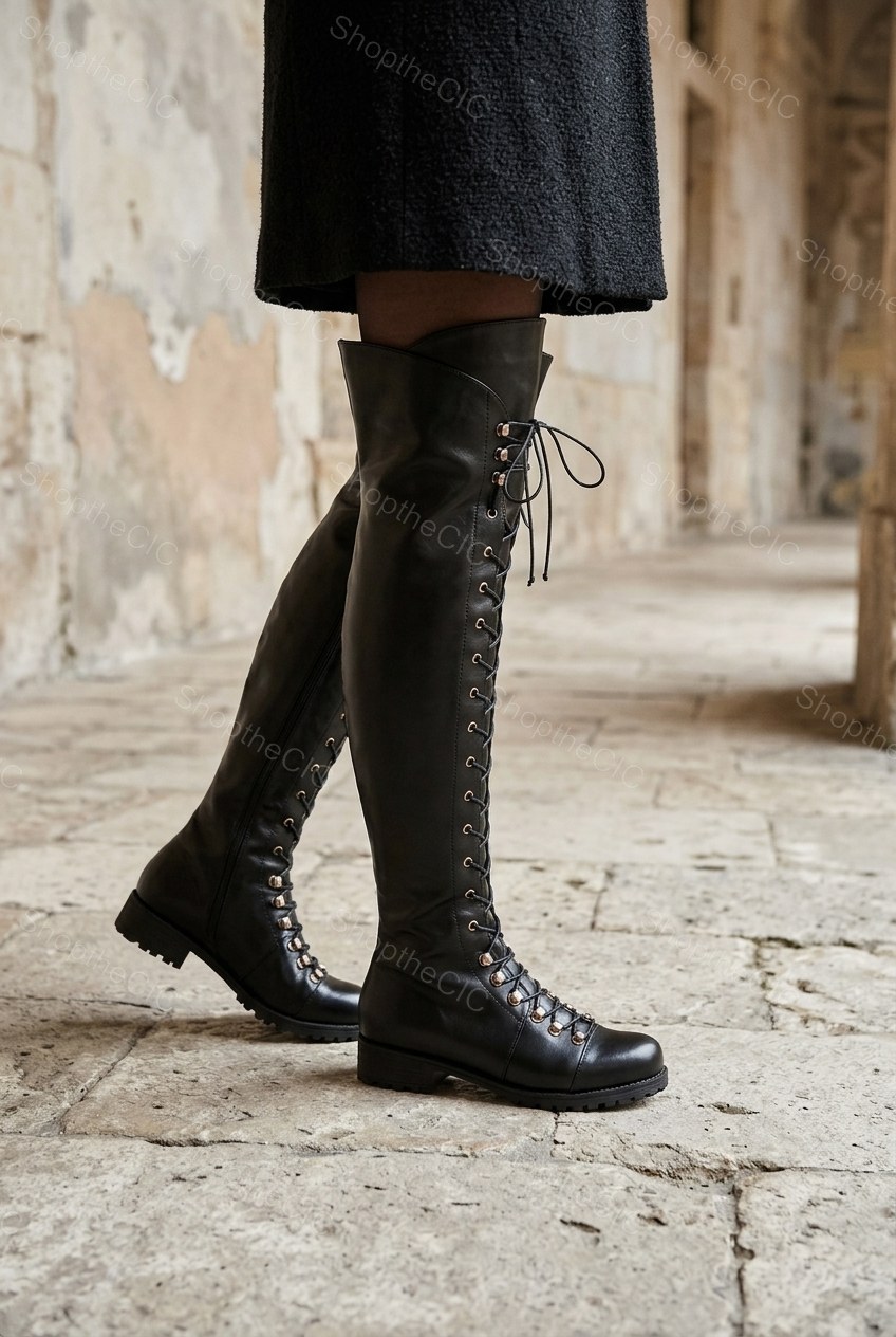 Lace-Up Low Heel Over-the-Knee Boots