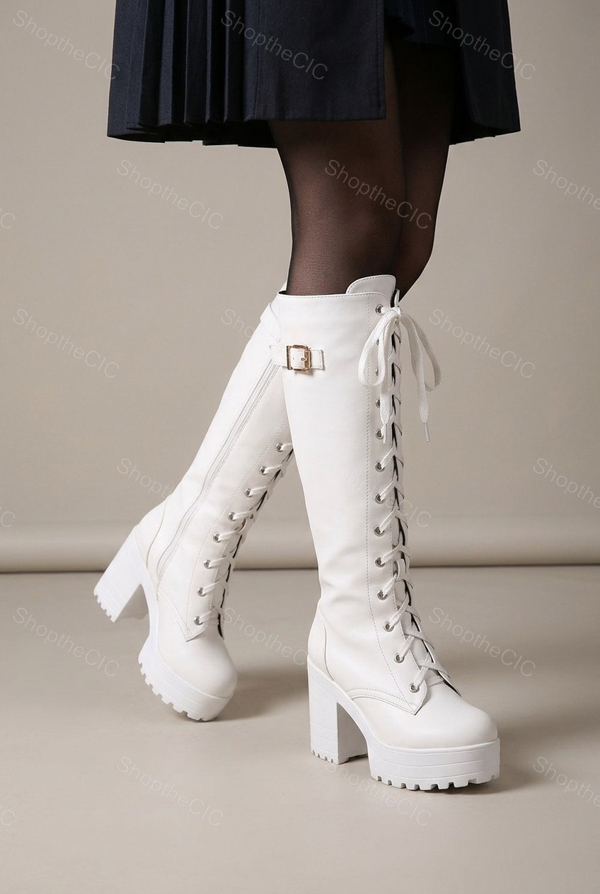 Lace-Up Lug Sole Platform Block Heel Knee-High Boots