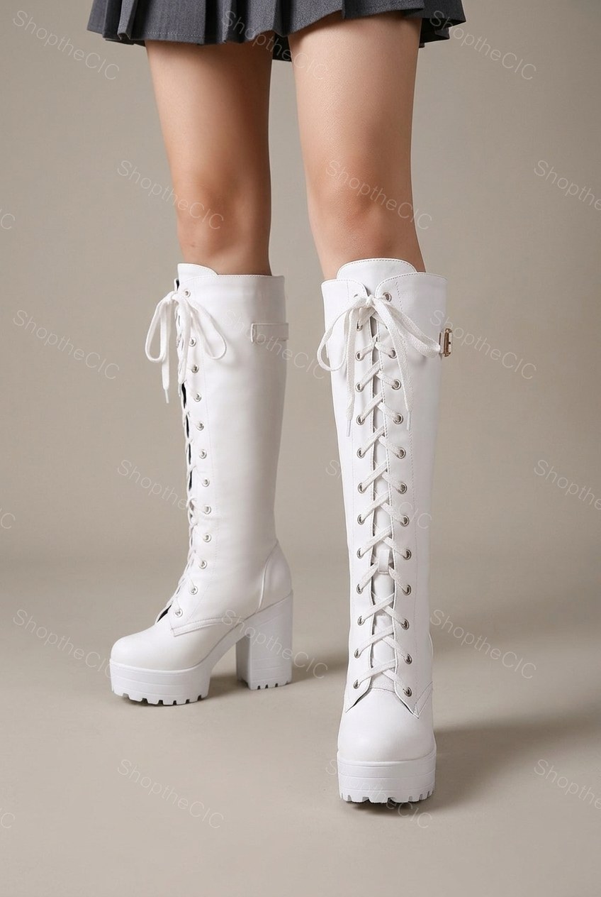 Lace-Up Lug Sole Platform Block Heel Knee-High Boots