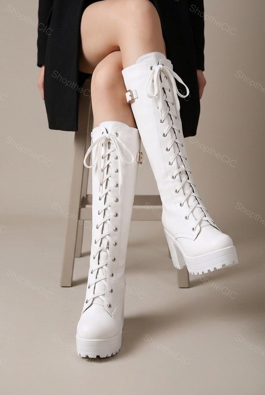 Lace-Up Lug Sole Platform Block Heel Knee-High Boots