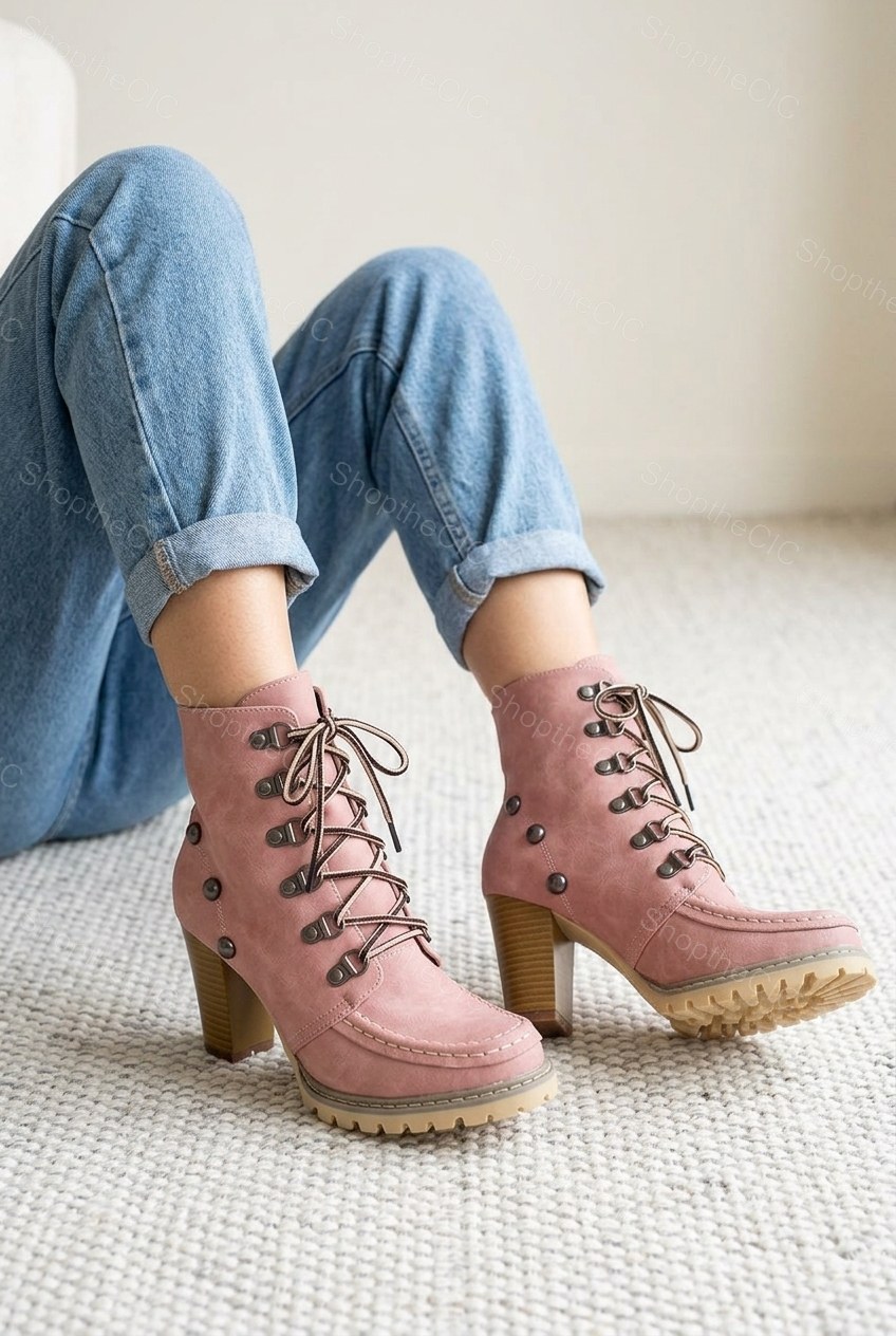 Lace-Up Moc Toe Lug Sole Block Heel Ankle Boots