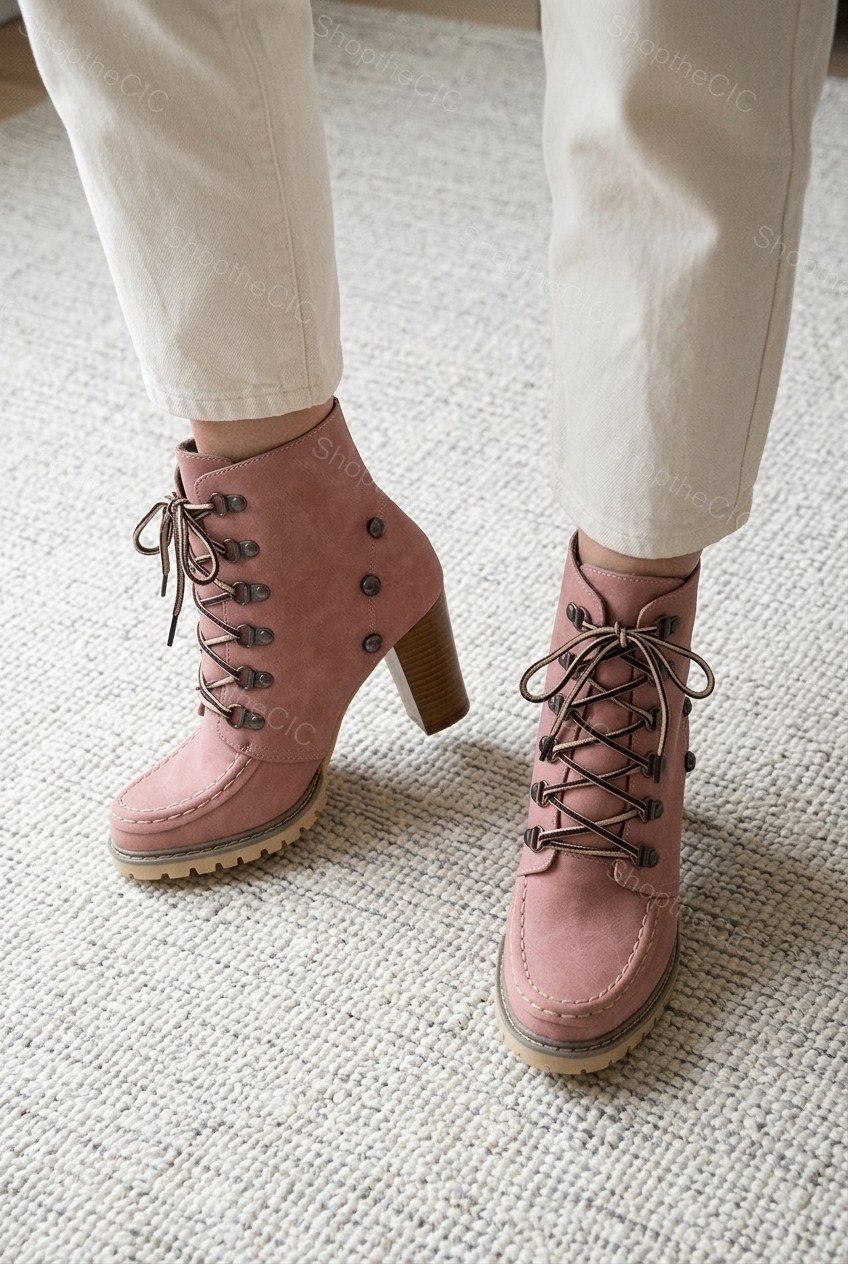 Lace-Up Moc Toe Lug Sole Block Heel Ankle Boots