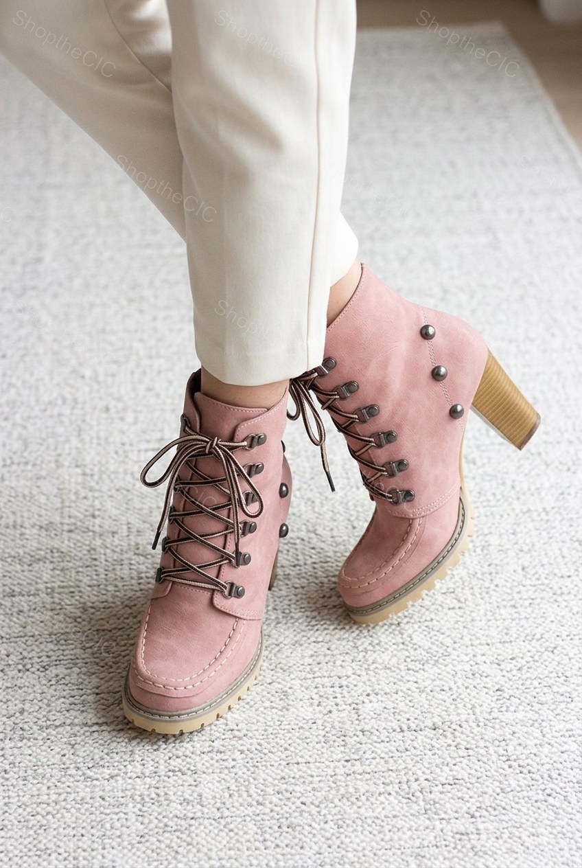 Lace-Up Moc Toe Lug Sole Block Heel Ankle Boots