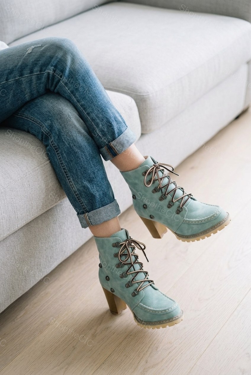 Lace-Up Moc Toe Lug Sole Block Heel Ankle Boots