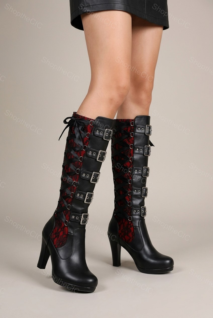 Lace-Up Multi-Buckle Platform Block Heel Knee-High Boots