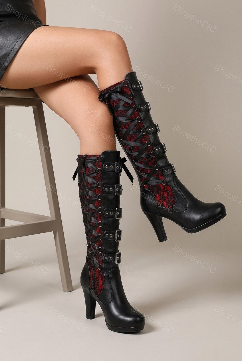 Lace-Up Multi-Buckle Platform Block Heel Knee-High Boots