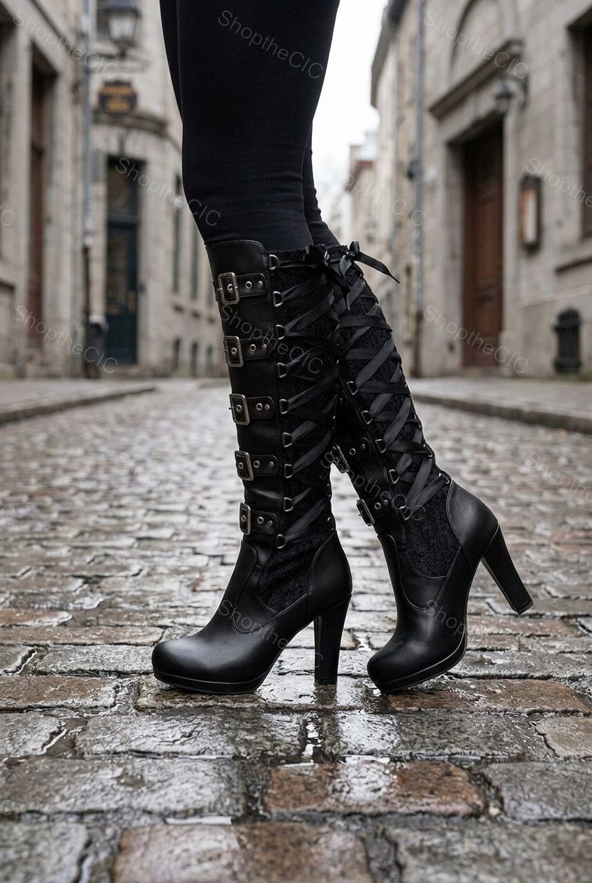 Lace-Up Multi-Buckle Platform Block Heel Knee-High Boots