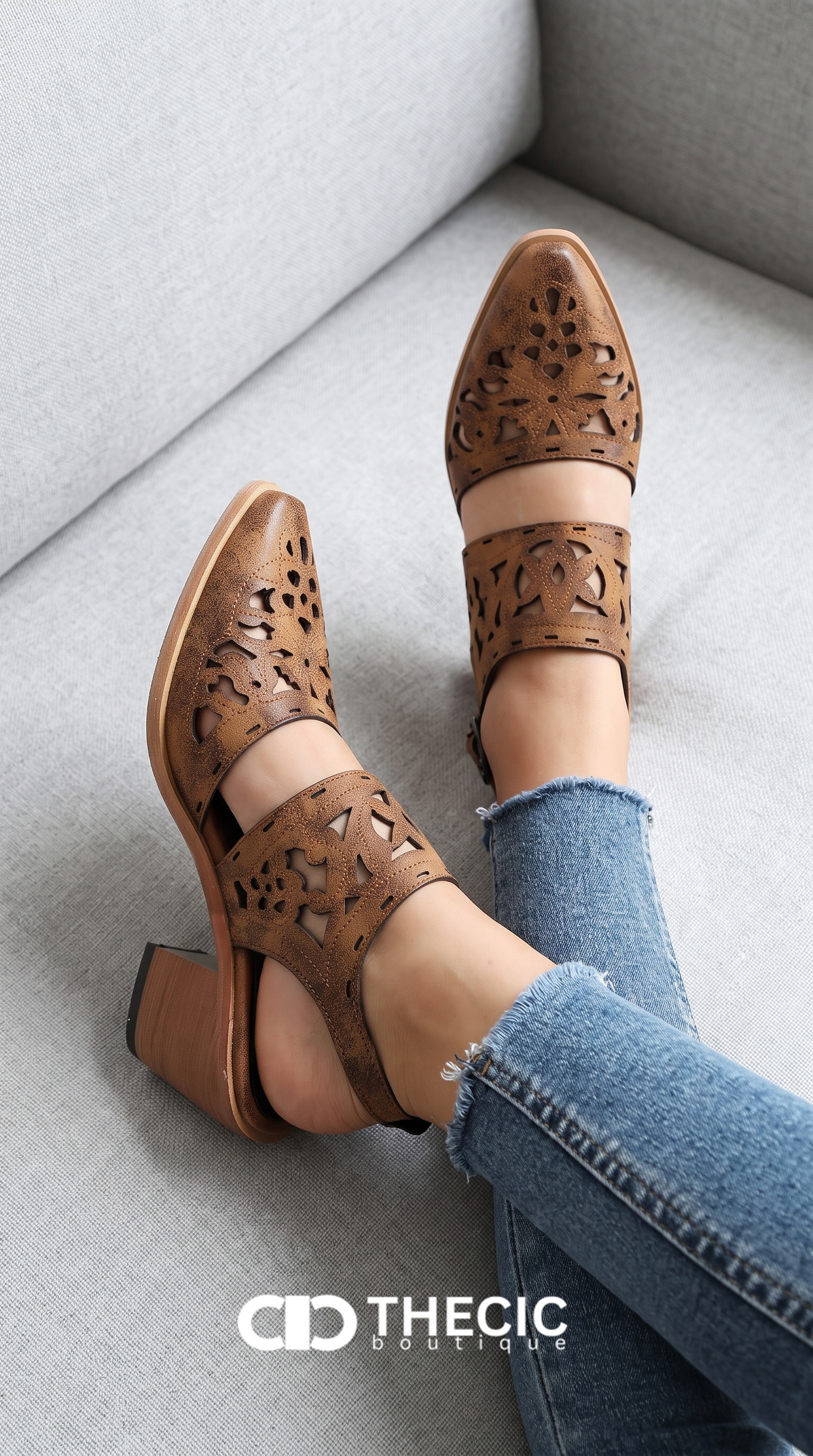Laser Cut Slingback Pointed Toe Block Heel Sandals