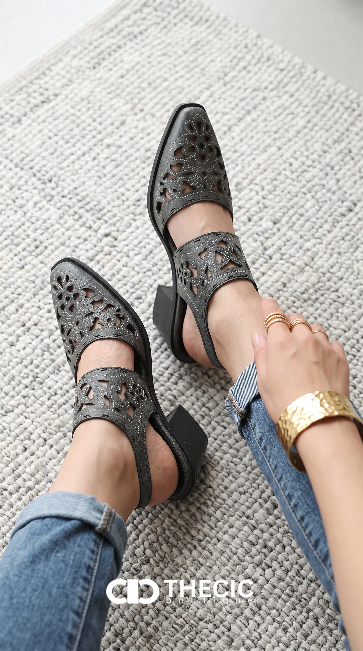 Laser Cut Slingback Pointed Toe Block Heel Sandals