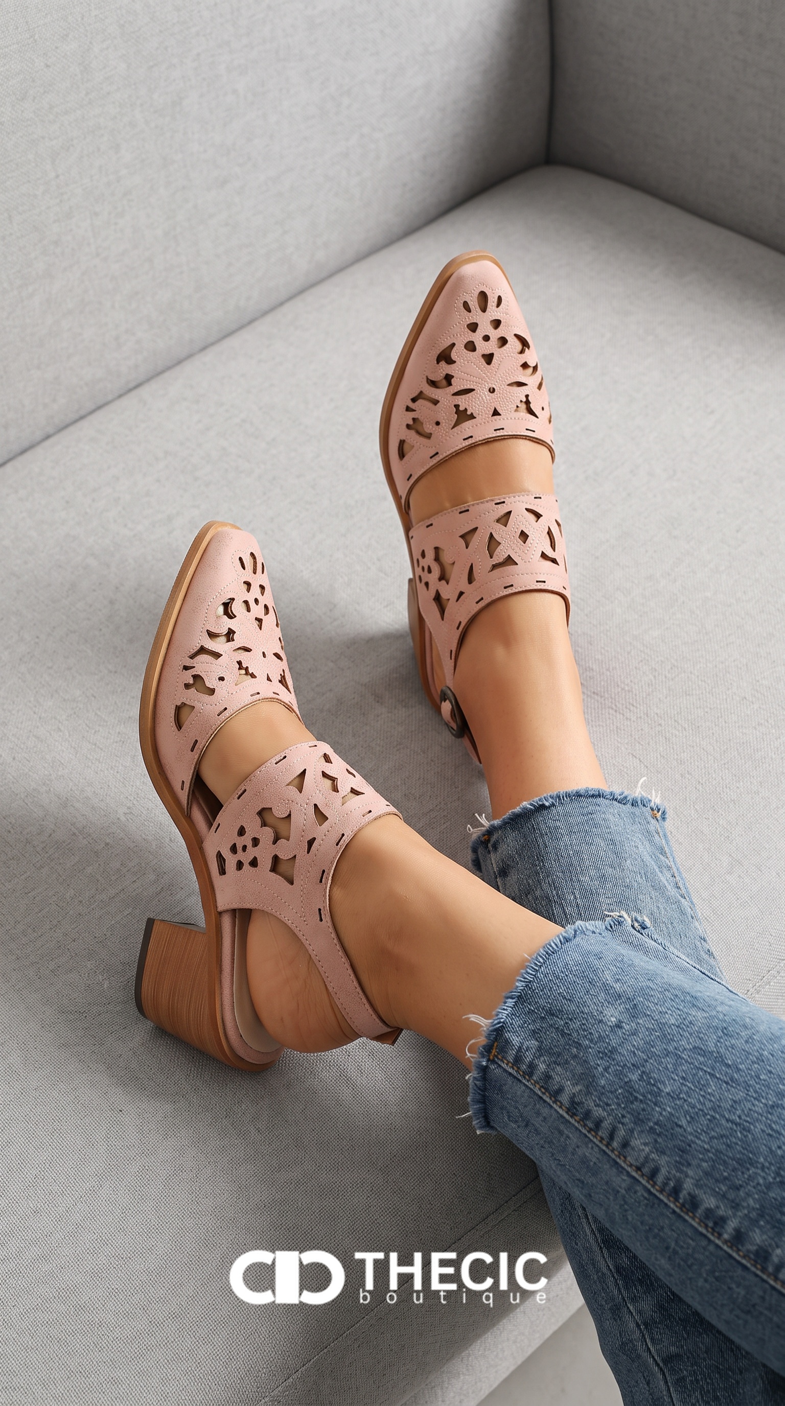 Laser Cut Slingback Pointed Toe Block Heel Sandals