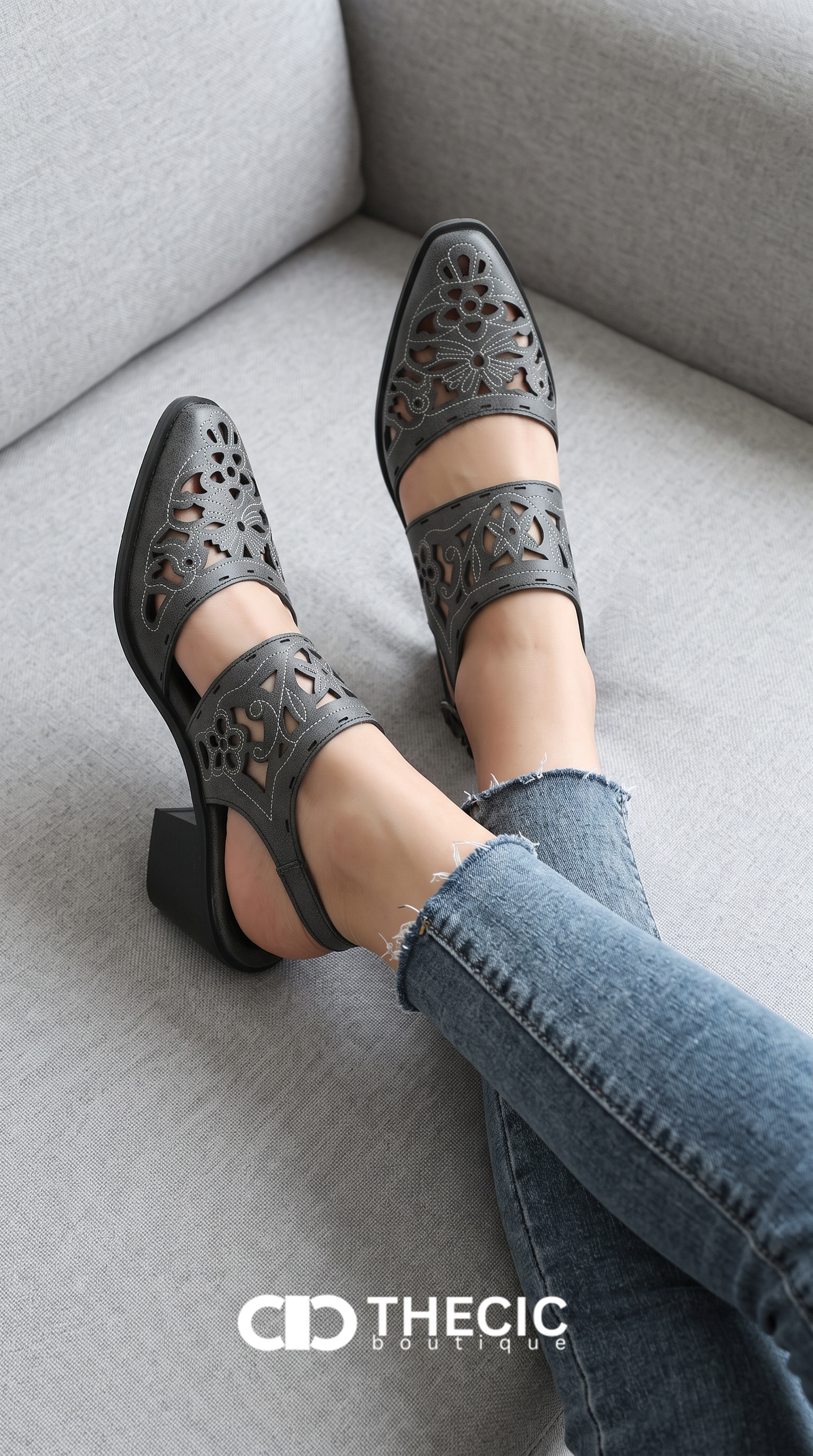 Laser Cut Slingback Pointed Toe Block Heel Sandals