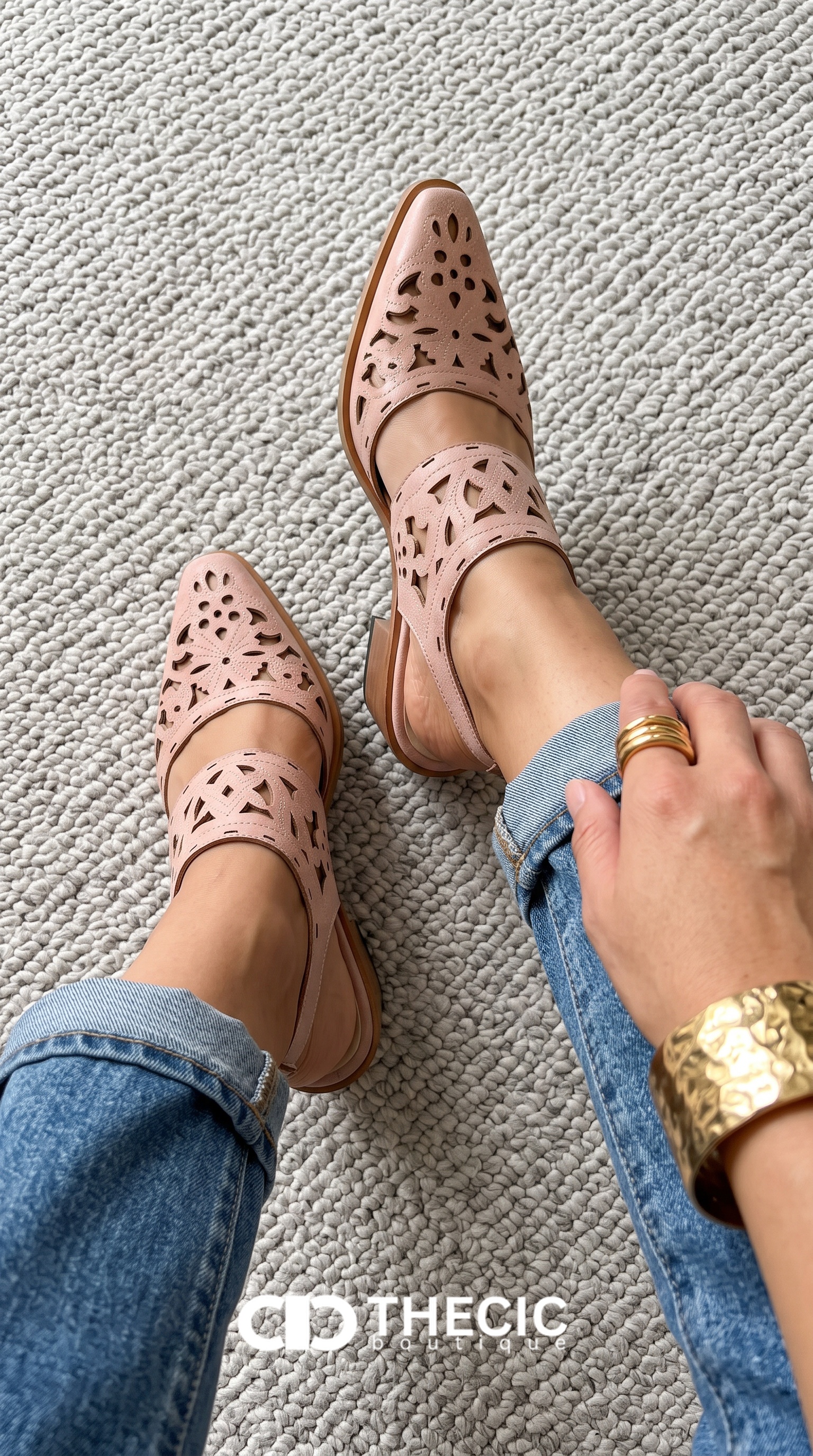 Laser Cut Slingback Pointed Toe Block Heel Sandals